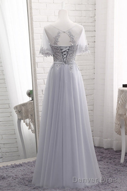 Grey Tulle With Lovely Lace Applique Wedding Party Dress, Grey Tulle A-Line Prom Dress Formal Dress