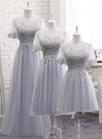 Grey Tulle With Lovely Lace Applique Wedding Party Dress, Grey Tulle A-Line Prom Dress Formal Dress