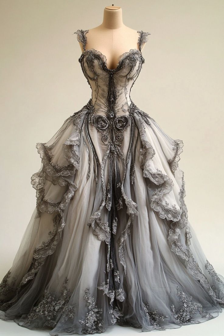 Grey V-Neck Lace Tulle Long Ball Gowns, Vintage Prom Dresses Main image
