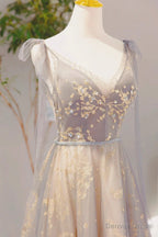 Grey V Neck Sequins Long Prom Dress, Grey Tulle Prom Dresses
