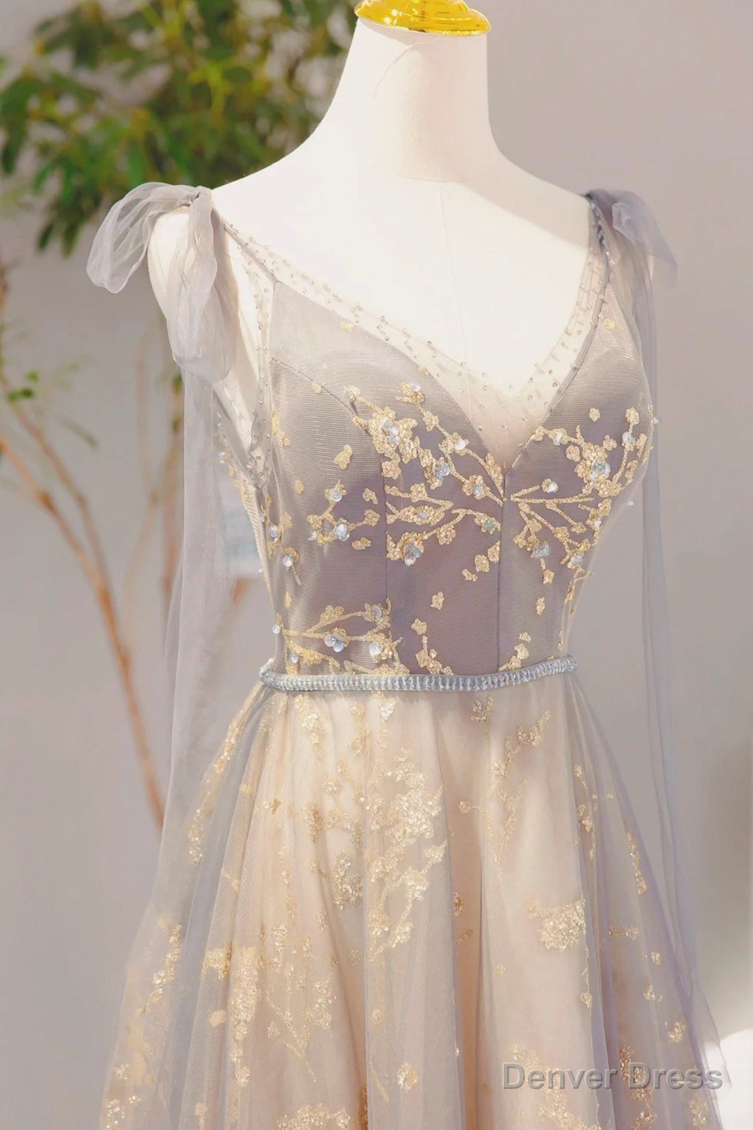 Grey V Neck Sequins Long Prom Dress, Grey Tulle Prom Dresses