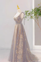 Grey V Neck Sequins Long Prom Dress, Grey Tulle Prom Dresses