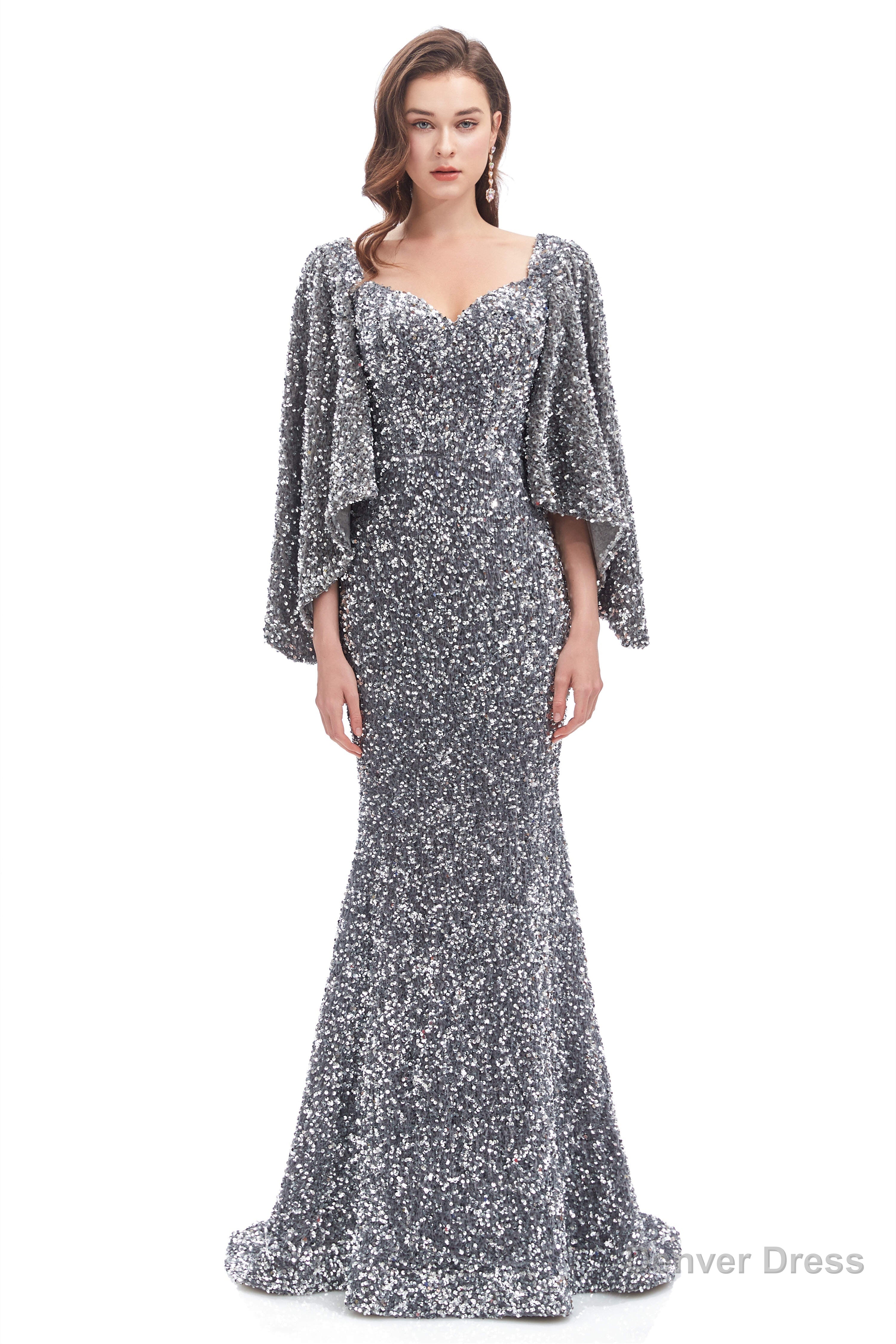 V Neck Sequins Mermaid Prom Dresses with Sleeves