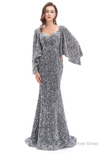 V Neck Sequins Mermaid Prom Dresses with Sleeves