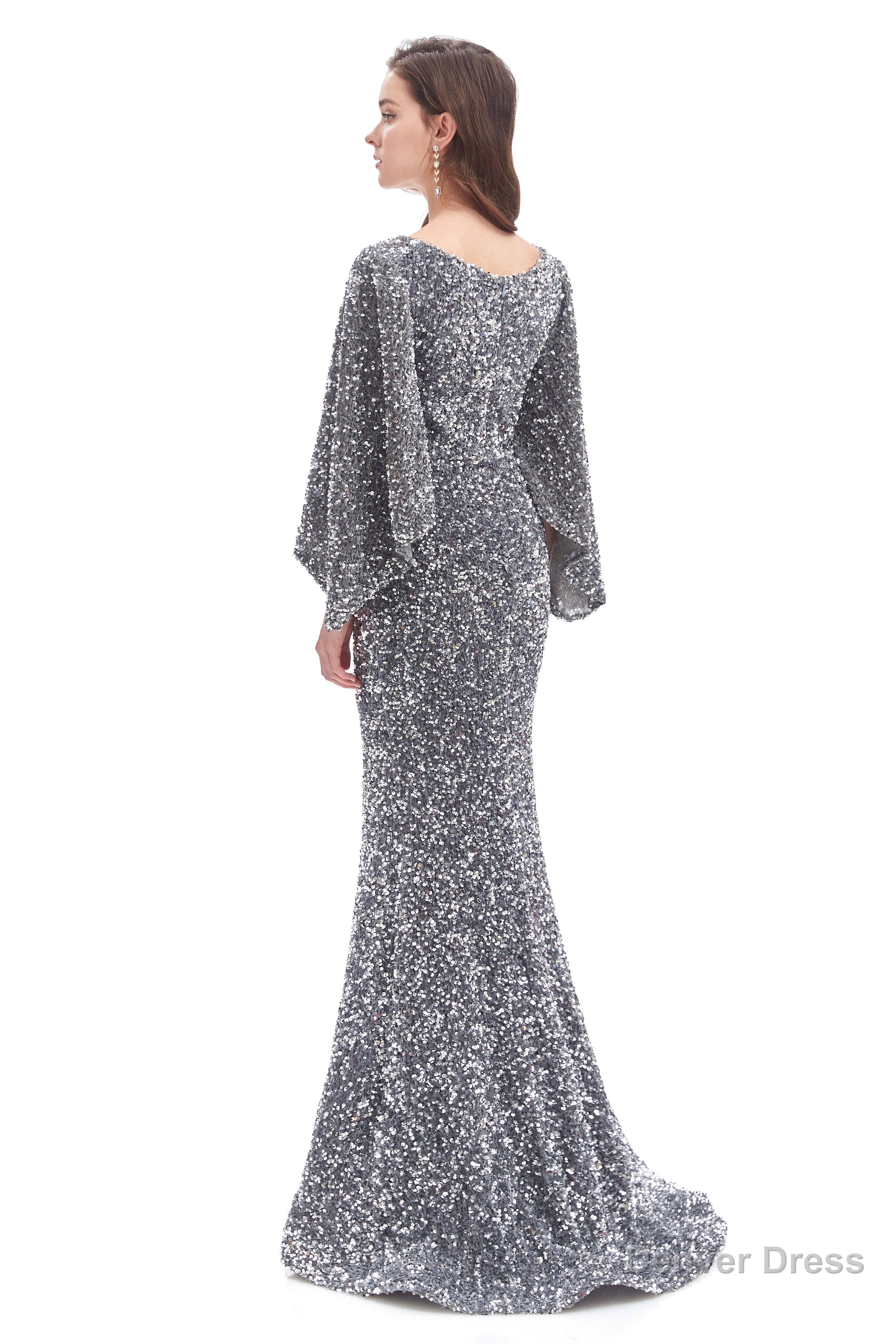 V Neck Sequins Mermaid Prom Dresses with Sleeves