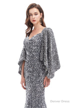 V-Neck Sequins Mermaid Prom Dresses with Sleeves