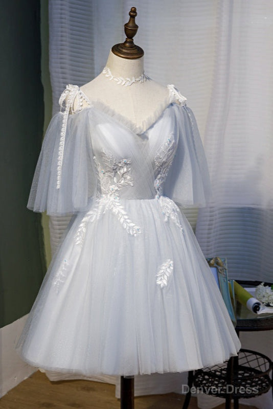 Grey V-neckline Straps Knee Length Homecoming Dress, Grey Short Prom Dress Main image