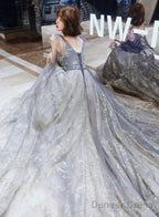 Grey V-Neckline Tulle Beaded Waist Long Prom Dress, A-Line Grey Prom Dresses