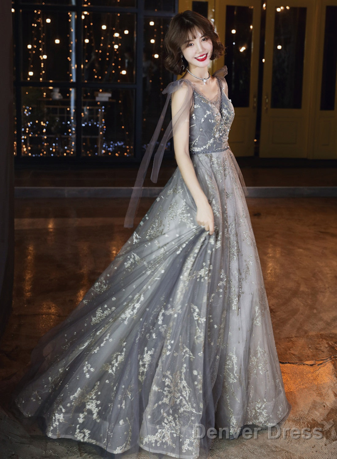 Grey V-Neckline Tulle Beaded Waist Long Prom Dress, A-Line Grey Prom Dresses Main image