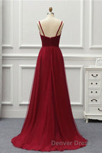 A Line High Low Tulle Prom Dresses with Train, Burgundy V Neck Backless Formal Dresses