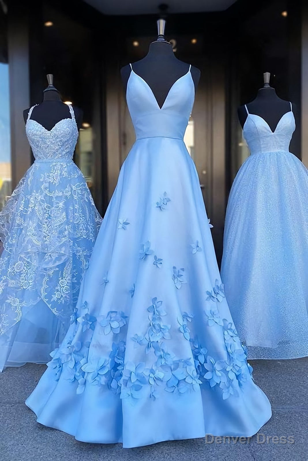 Charming Blue Spaghetti Straps V Neck Flowers Long Prom Dresses, Satin Unique Formal Dresses Main image