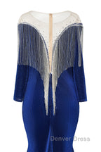 Deep V-neck Shiny Royal Blue Long sleeves Mermaid Prom Dresses