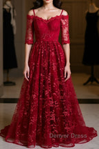 Half Sleeves Burgundy Lace Prom Dress, Wine Red Half Sleeves Long Lace Prom Dresses