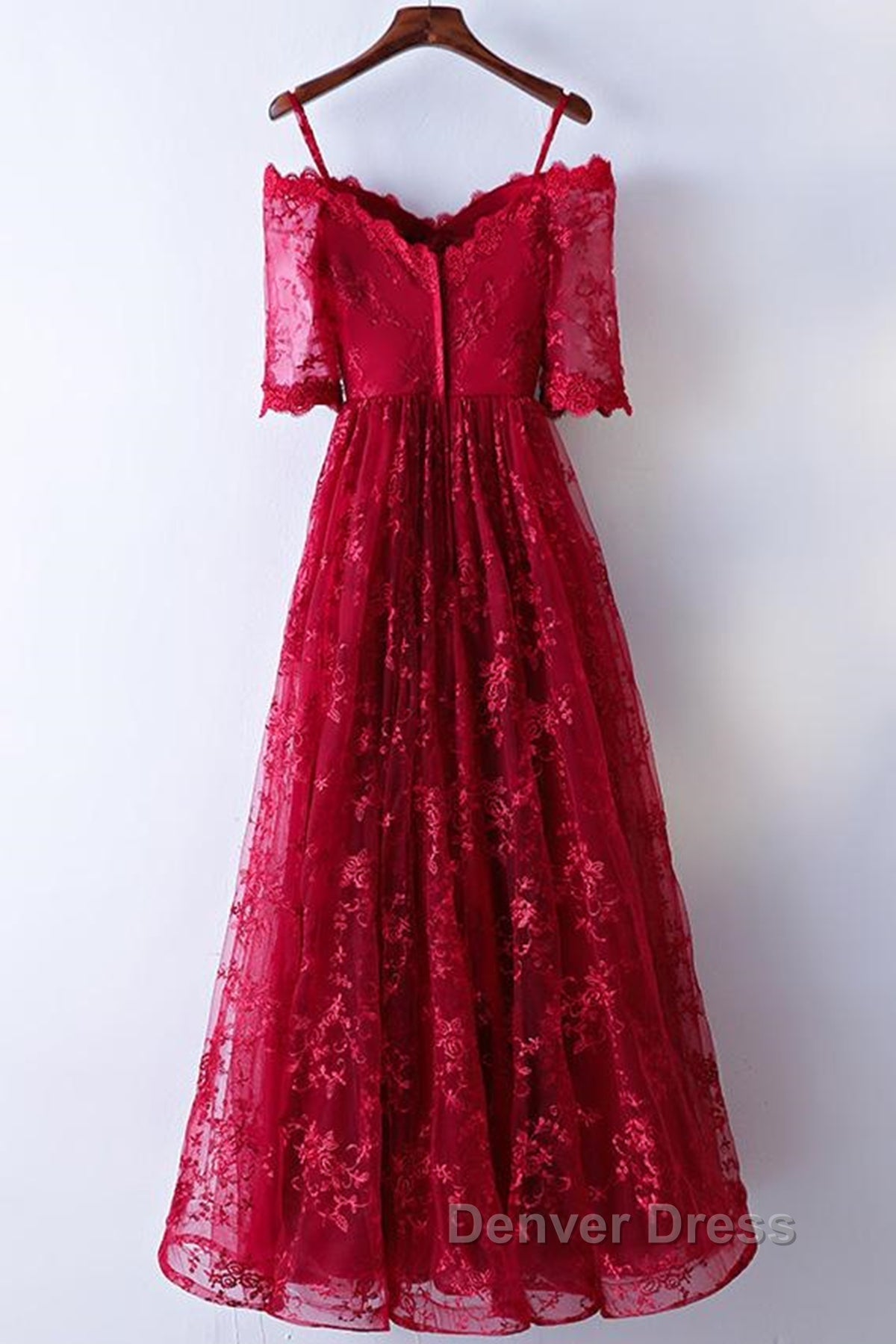 Half Sleeves Burgundy Lace Prom Dress, Wine Red Half Sleeves Long Lace Prom Dresses Secondary image