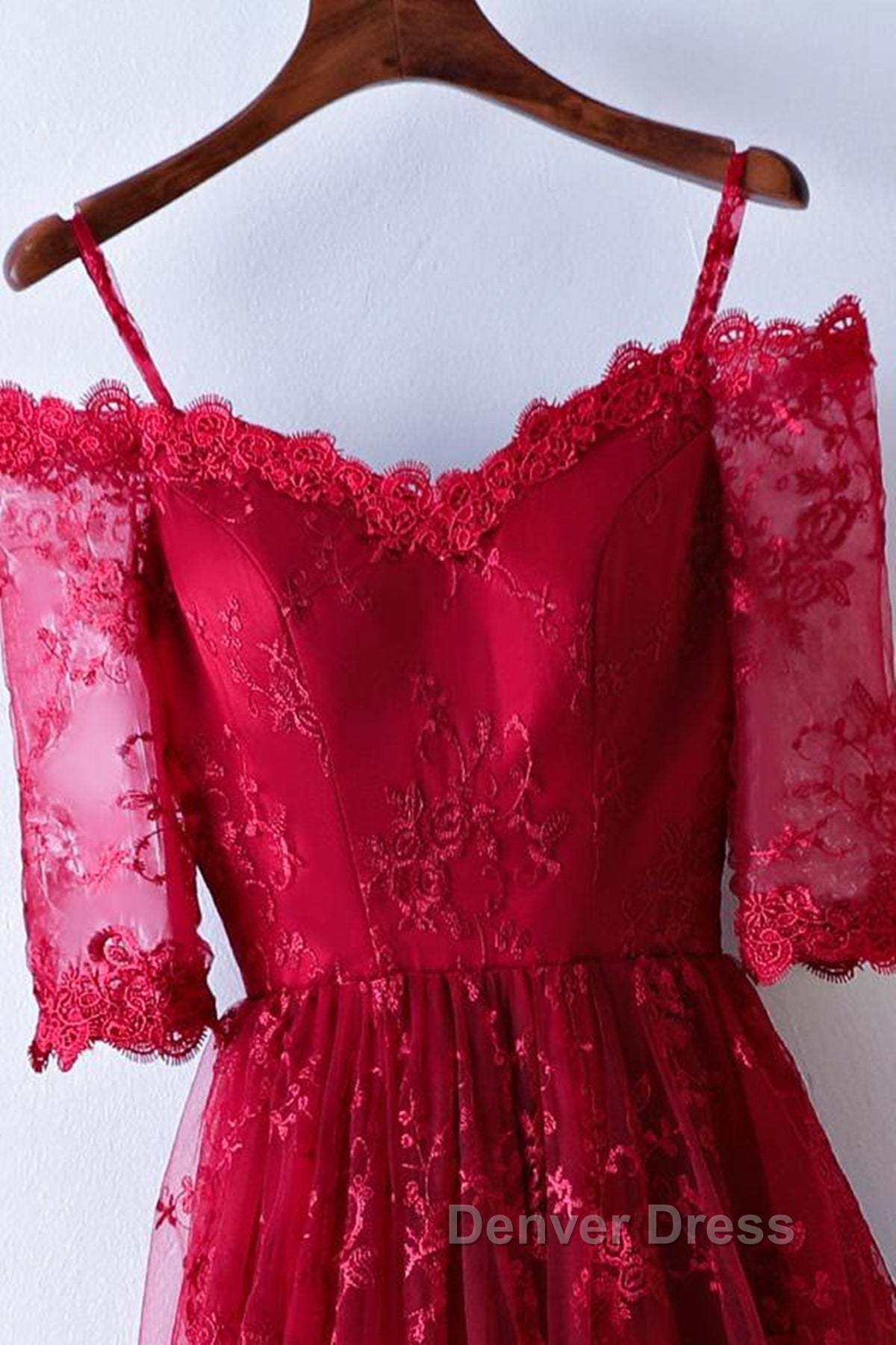 Half Sleeves Burgundy Lace Prom Dress, Wine Red Half Sleeves Long Lace Prom Dresses