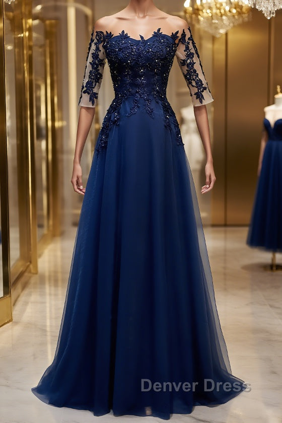 Half Sleeves Navy Blue Long Lace Prom Dress, Dark Navy Blue Long Lace Prom Bridesmaid Dresses