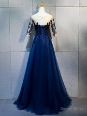 Half Sleeves Navy Blue Long Lace Prom Dresses, Dark Navy Blue Long Lace Formal Bridesmaid Dresses