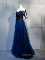 Half Sleeves Navy Blue Long Lace Prom Dress, Dark Navy Blue Long Lace Prom Bridesmaid Dresses