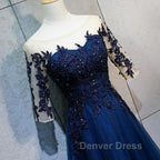 Half Sleeves Navy Blue Long Lace Prom Dress, Dark Navy Blue Long Lace Prom Bridesmaid Dresses