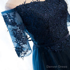 Half Sleeves Navy Blue Long Lace Prom Dresses, Navy Blue Lace Formal Bridesmaid Dresses