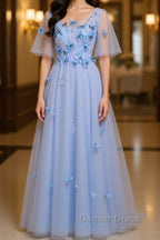 Half Sleeves Round Neck Blue Floral Long Prom Dress, Blue Long Prom Dresses with Flower