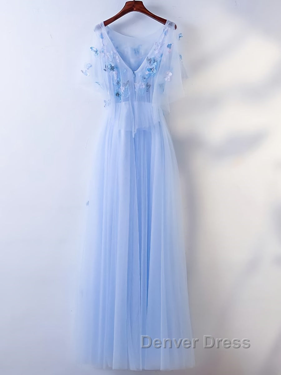 Half Sleeves Round Neck Blue Floral Long Prom Dress, Blue Long Prom Dresses with Flower