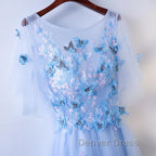 Half Sleeves Round Neck Blue Floral Long Prom Dress, Blue Long Prom Dresses with Flower