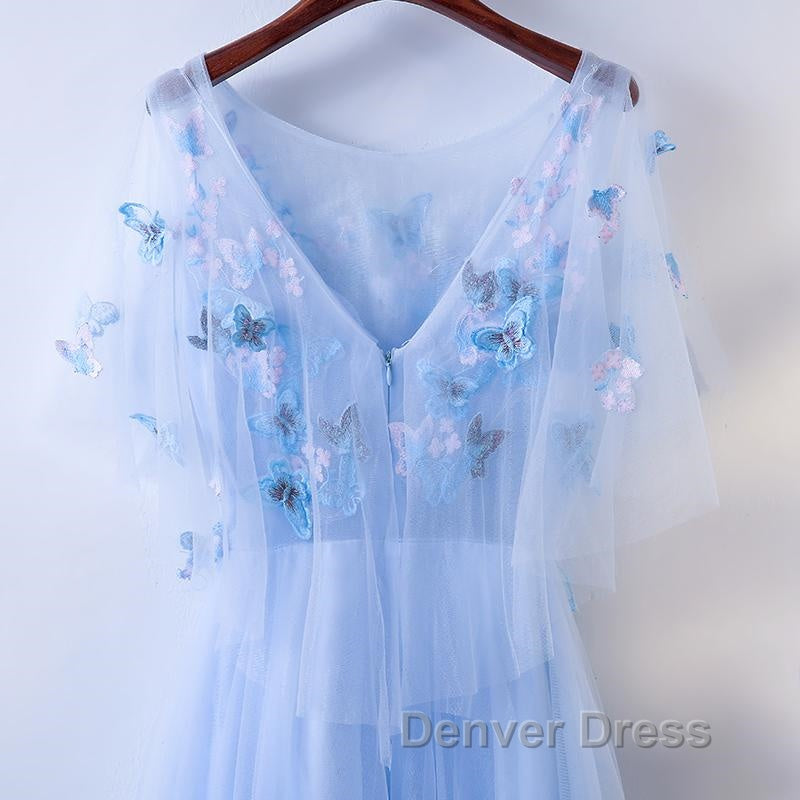 Half Sleeves Round Neck Blue Floral Long Prom Dress, Blue Long Prom Dresses with Flower