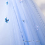Half Sleeves Round Neck Blue Floral Long Prom Dress, Blue Long Prom Dresses with Flower