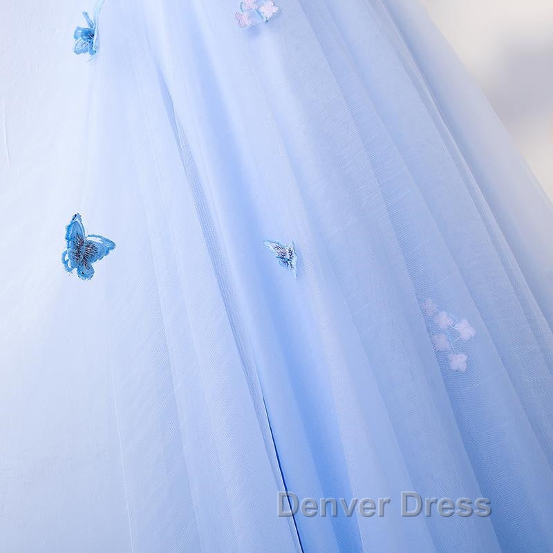 Half Sleeves Round Neck Blue Floral Long Prom Dress, Blue Long Prom Dresses with Flower