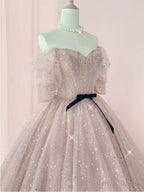 Half Sleeves Shiny Pink Prom Dress, Shiny Pink Long Prom Dresses