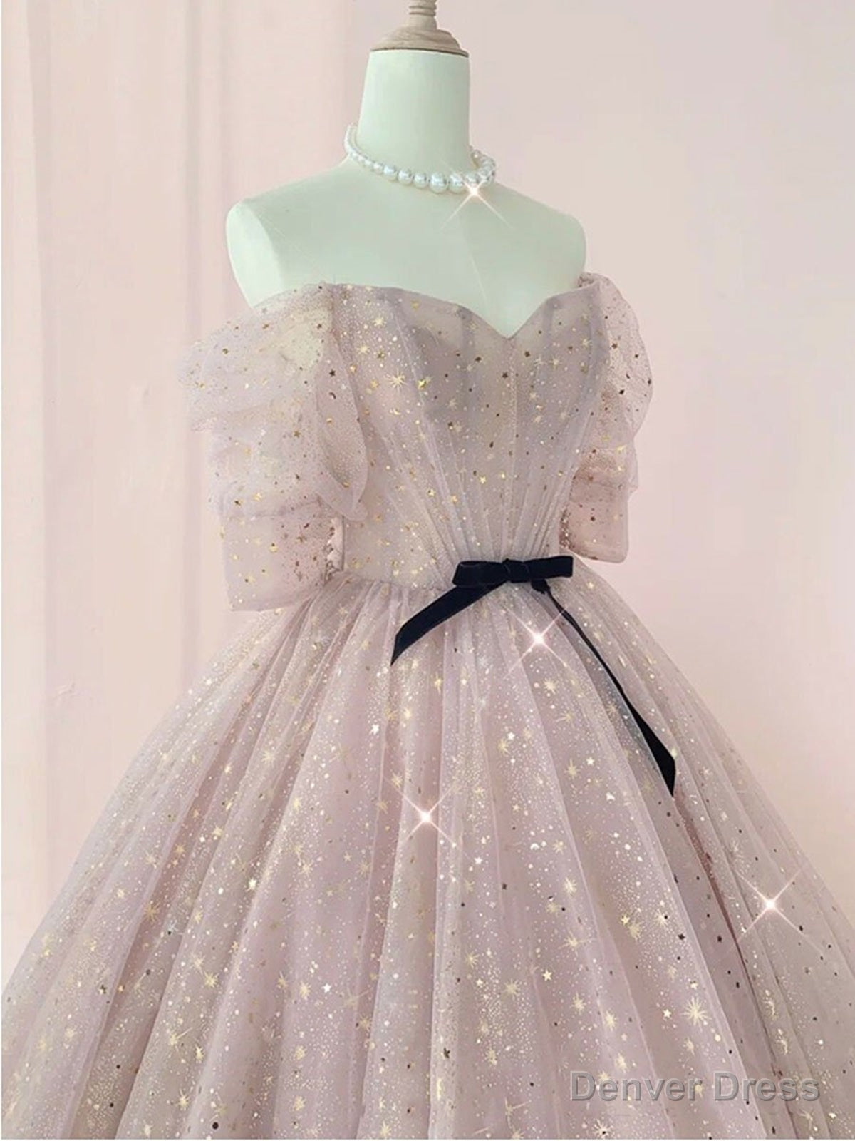 Half Sleeves Shiny Pink Prom Dress, Shiny Pink Long Prom Dresses