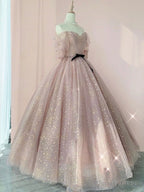 Half Sleeves Shiny Pink Prom Dress, Shiny Pink Long Prom Dresses