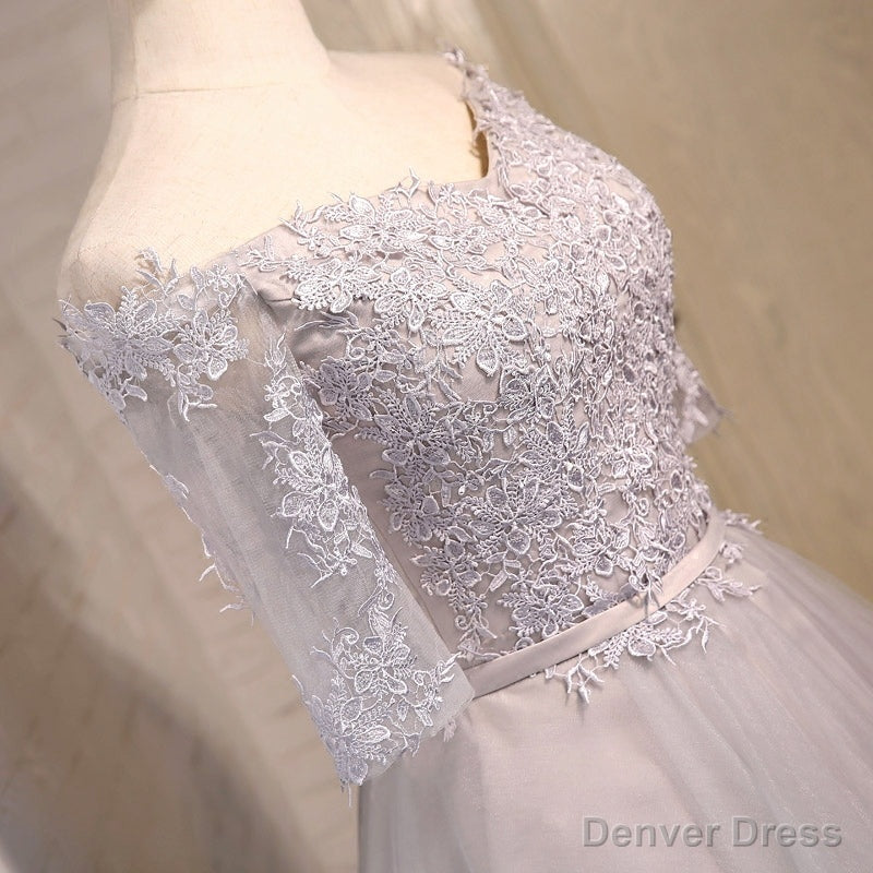 Half Sleeves Short Gray Blue Lace Prom Dress, Short Gray Blue Lace Homecoming Bridesmaid Dresses