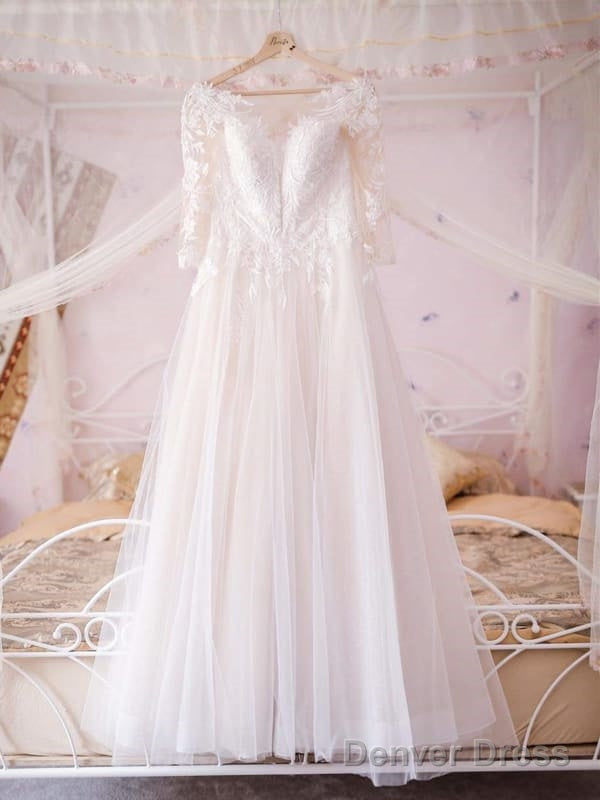 Half Sleeves V Neck White Aline Wedding Dress Tulle Lace Long Bridal Dresses