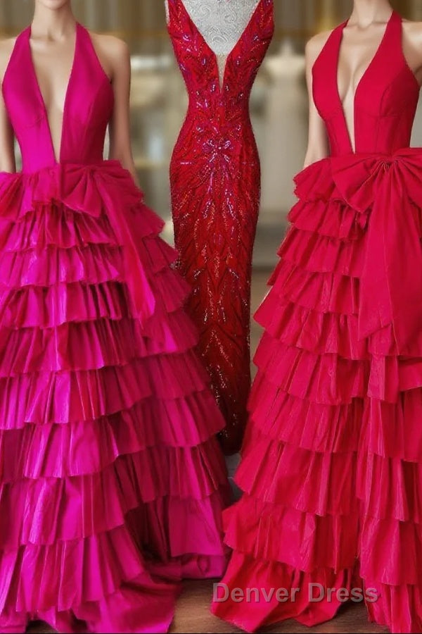 Halter A-Line Blue Satin Long Ruffled Prom Dresses With Slit Main image