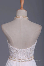 Halter Backless Chiffon Long Wedding Gown With Ruffles Pearl Lace