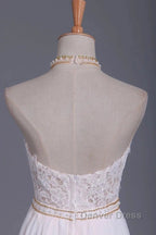 Halter Backless Chiffon Long Wedding Gowns With Ruffles Pearl Lace