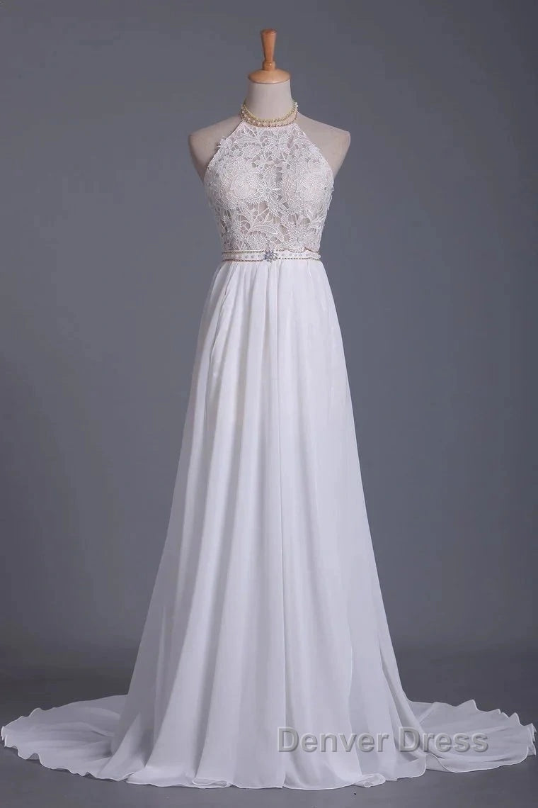 Halter Backless Chiffon Long Wedding Gowns With Ruffles Pearl Lace