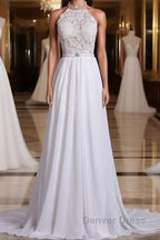 Halter Backless Chiffon Long Wedding Gown With Ruffles Pearl Lace