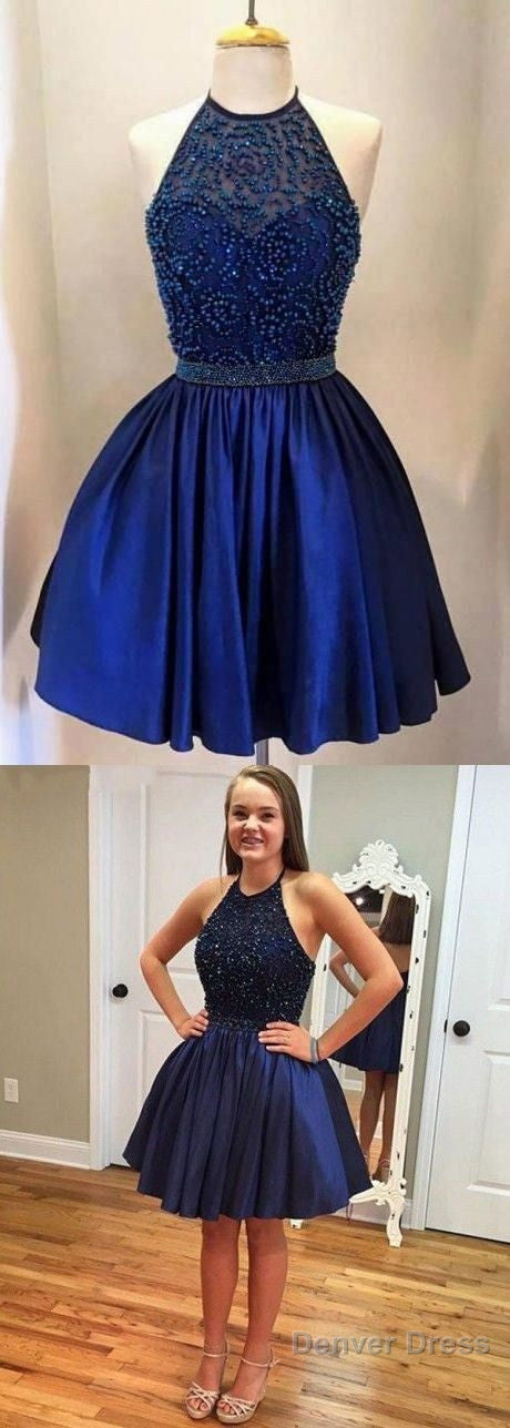 Halter Backless Royal Blue Beaded Homecoming Dresses Secondary image