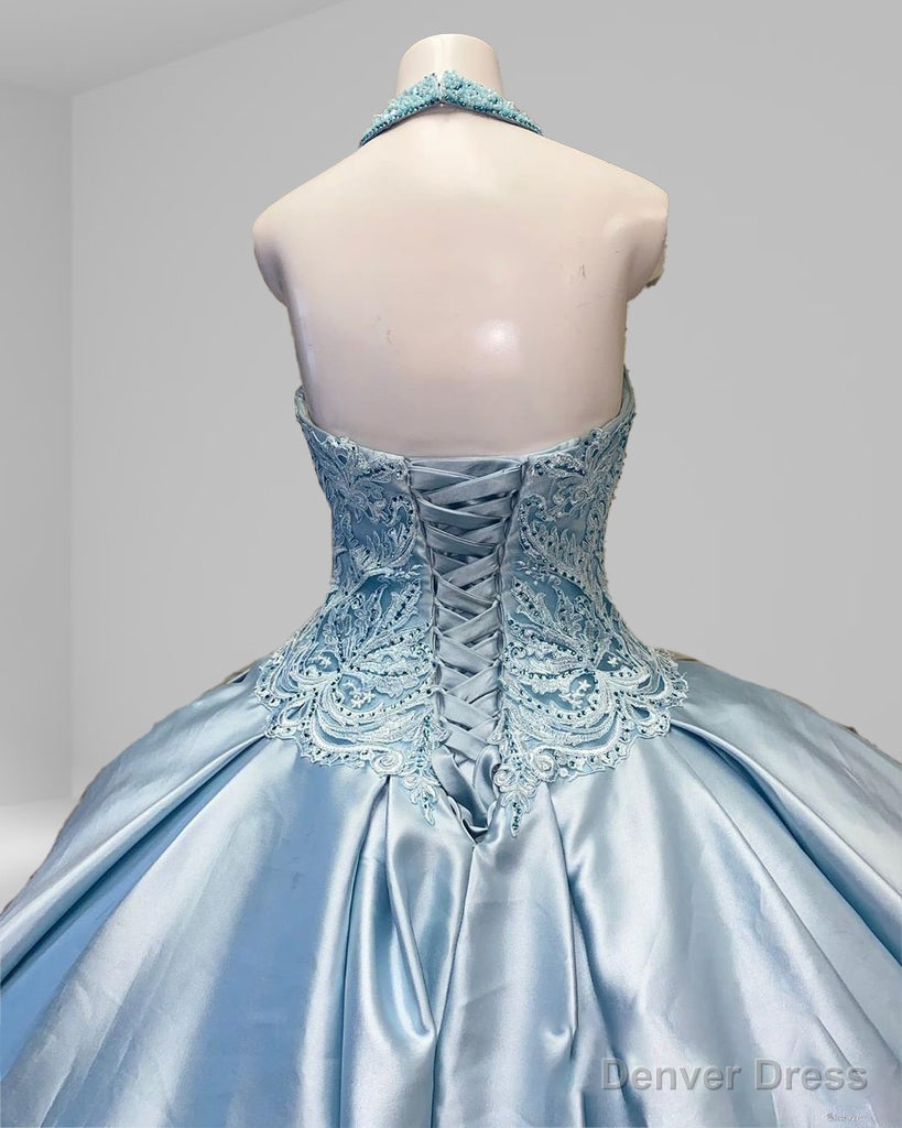Halter Beaded Sky Blue Satin Ball Gown Quinceaera Dress