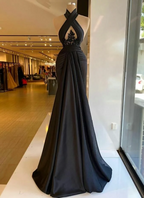 Halter Black Keyhole A-Line Satin Floor Length Prom Dresses