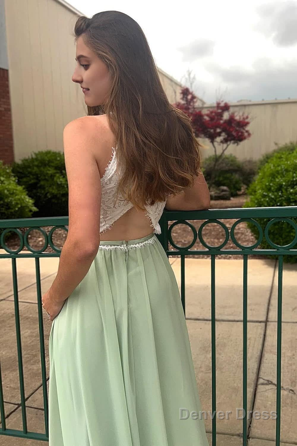 Halter Chiffon Light Green Lace Prom Dresses Secondary image