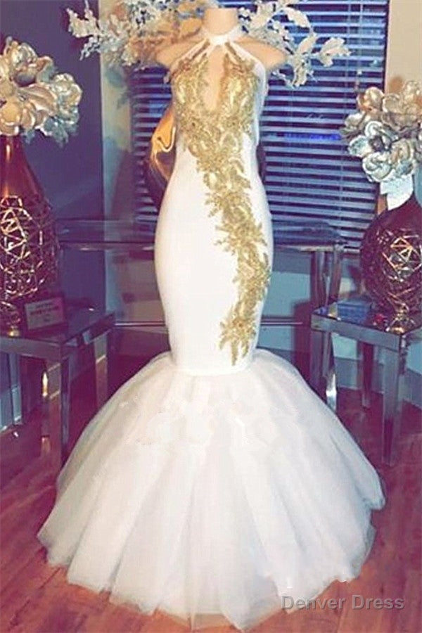 Halter Gold Beads Mermaid Prom Dresses Sleeveless White Prom Gowns With Appliques Secondary image