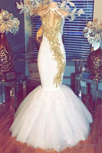 Halter Gold Beads Mermaid Prom Dresses Sleeveless White Prom Gowns With Appliques