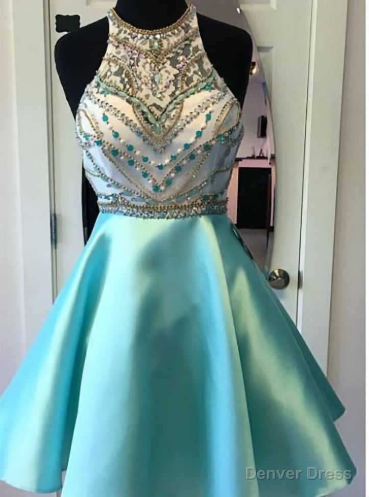 Halter High Neck Beaded Mint Satin Homecoming Dresses Main image