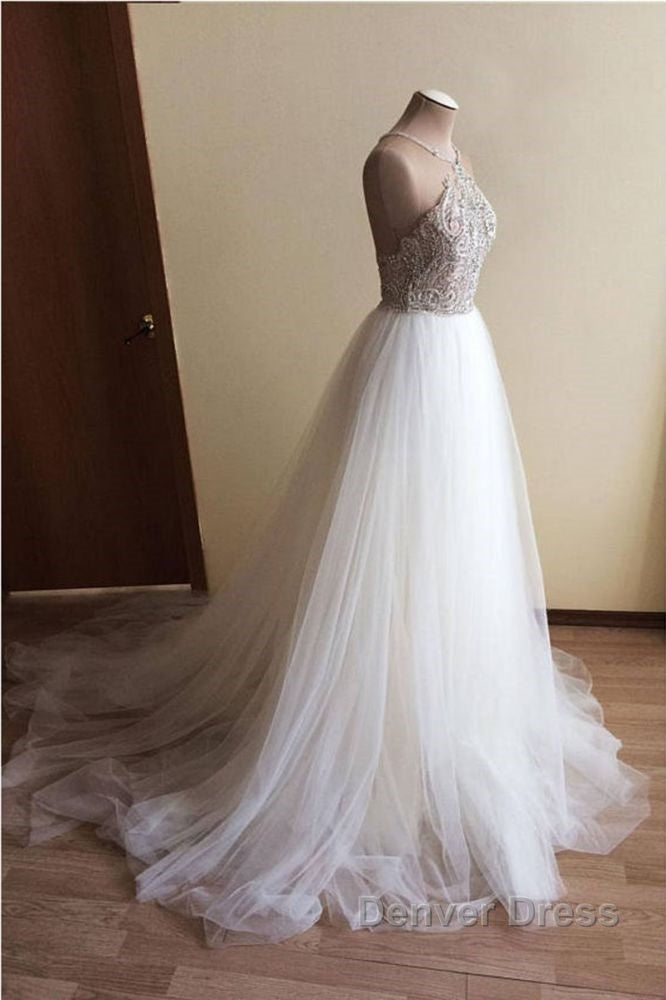 Halter Illusion neck High split A line Tulle Princess Wedding Dresses