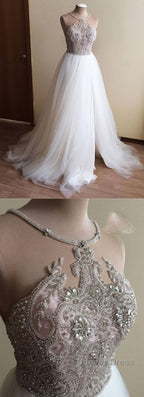 Halter Illusion neck High split A Line Tulle Princess Wedding Dresses
