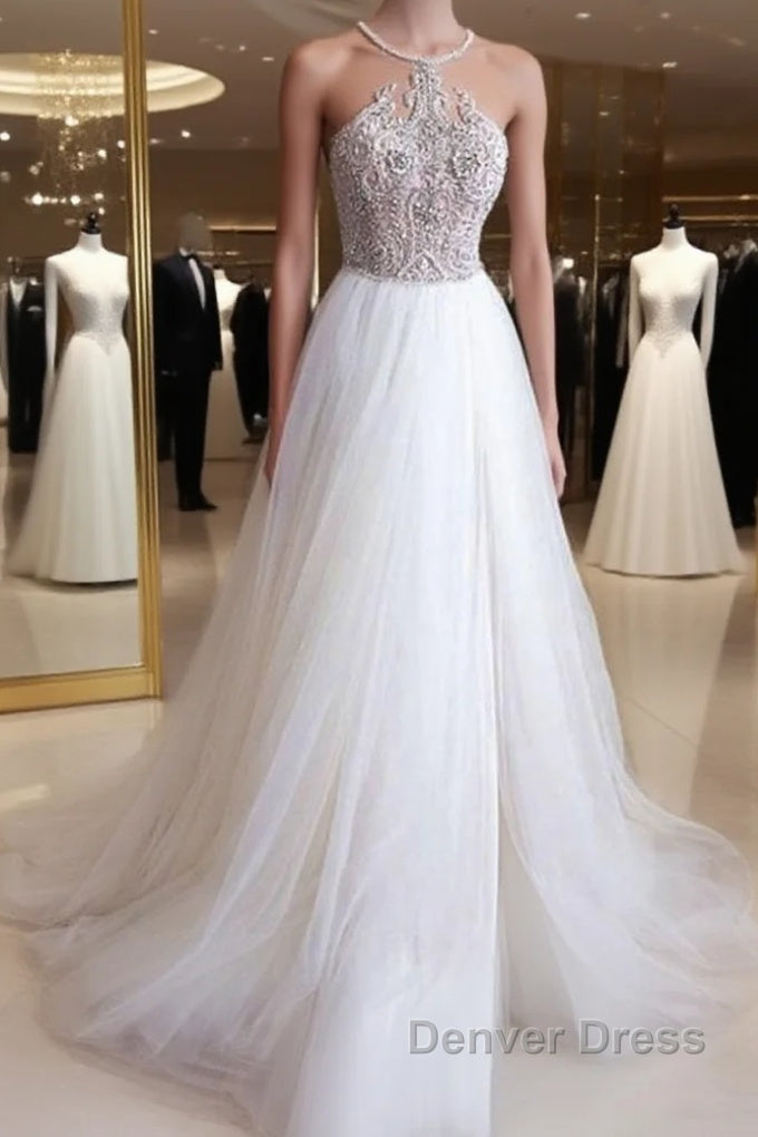 Halter Illusion neck High split A line Tulle Princess Wedding Dresses Main image